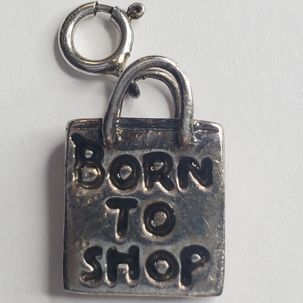 Sterling Silver Charm Born to Shop 925 Thai Shopping Bag Y2K